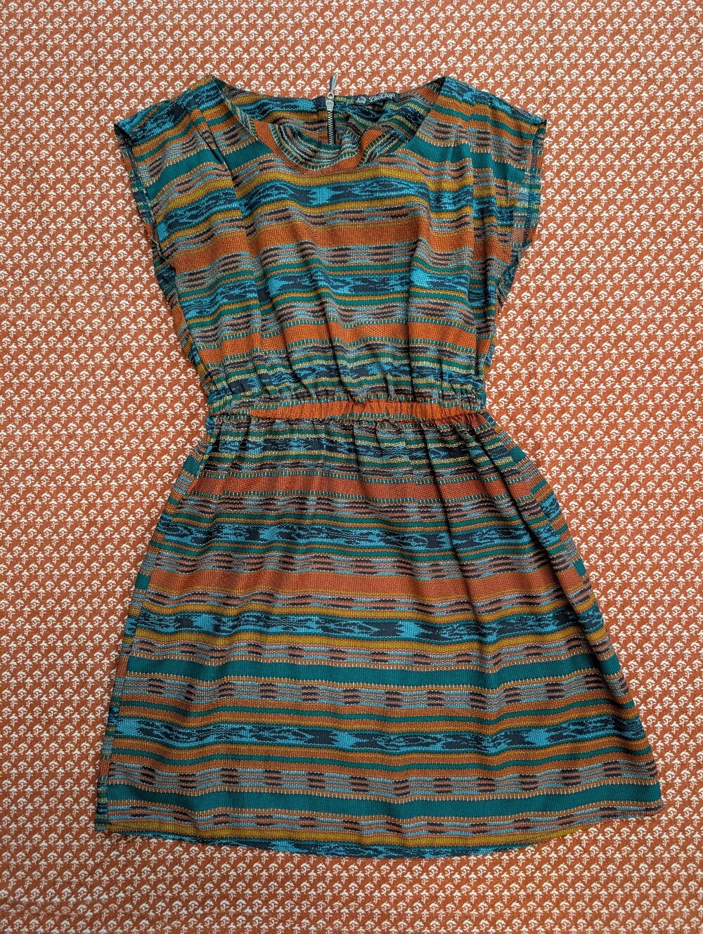 BeBop Teal Orange Striped Pattern Mini Dress Dolman